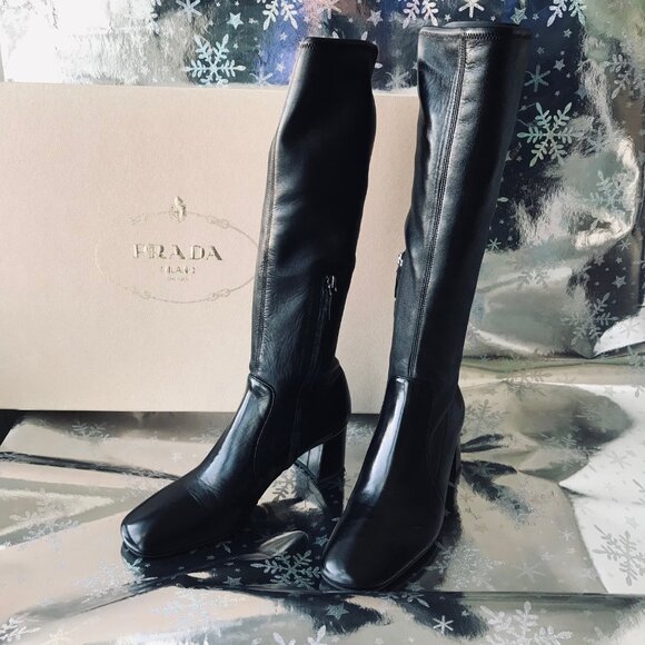 NEW Prada Women heeled leather Boots Black   Size 38.5 Made in Italy  New w Box - Picture 2 of 16